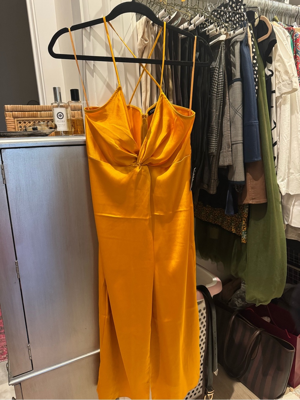 Stunning Golden Yellow Satin Spaghetti Strap dress